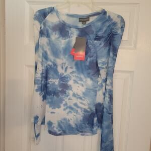 Bold Elements Sheer Curvy Shirt. New with Tags Blue and White Tie dye Size M